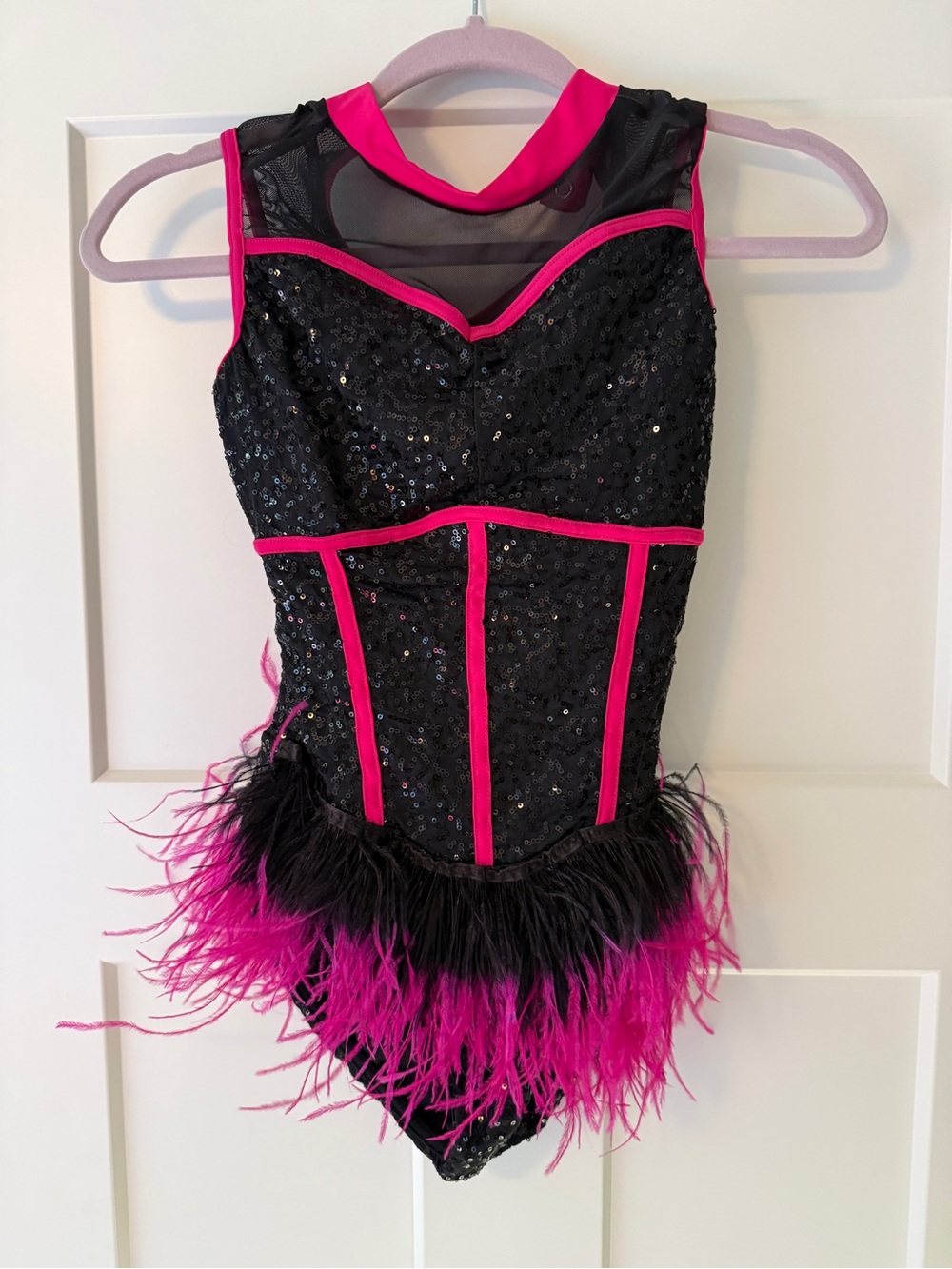 Large Child Black and Hot Pink Sequin Feather Dance Costume